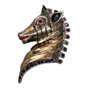 Large Sterling Silver Horse Zebra Head Brooch W Purple & Red Rhinestones 2" READ